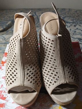 CHINESE LAUNDRY- Beige Perforated Peep-Toe Slingback Wedges In Womens!